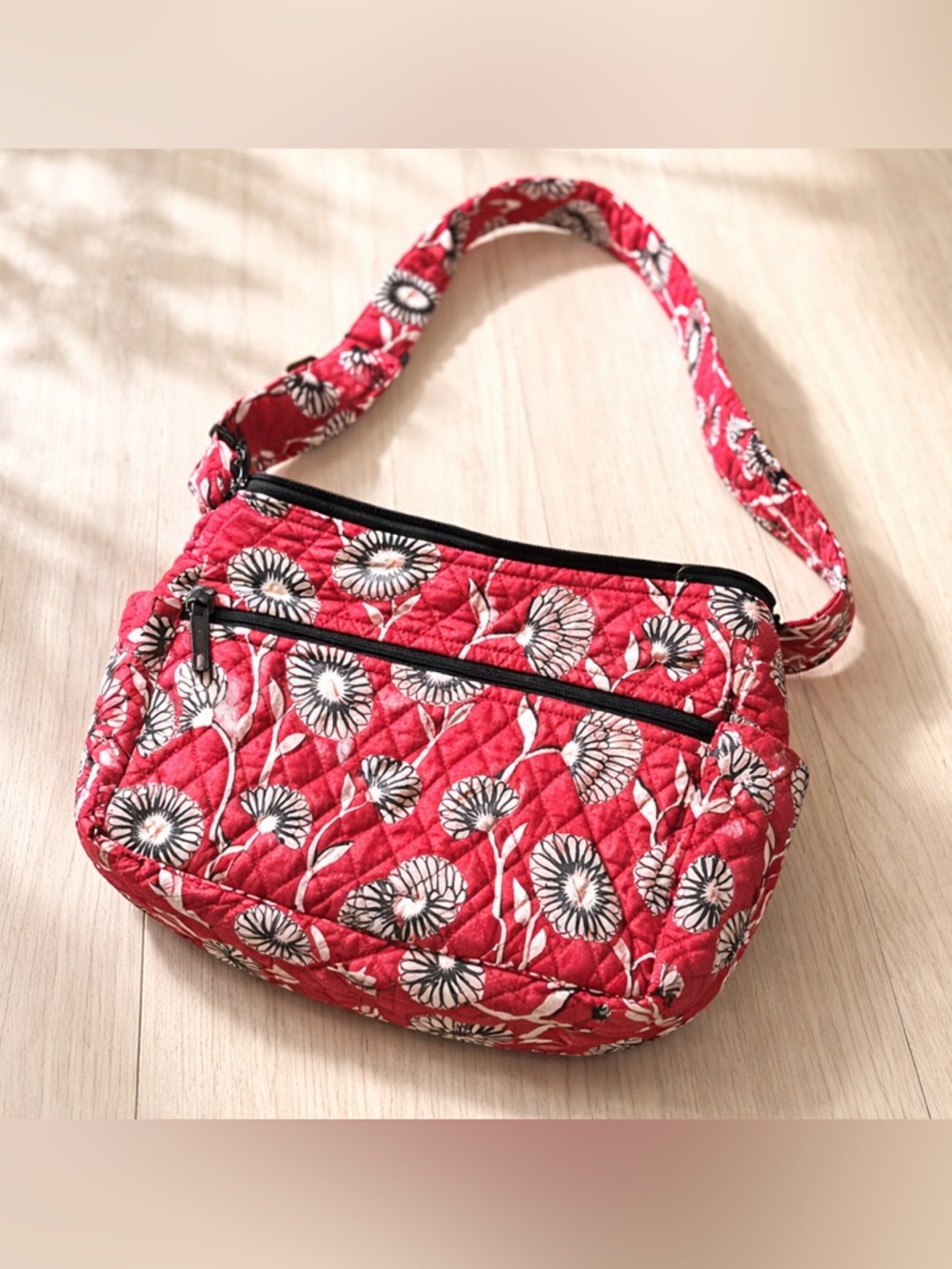 Vera Bradley Red Floral Quilted Shoulder Bag Crossbody Zip Pockets